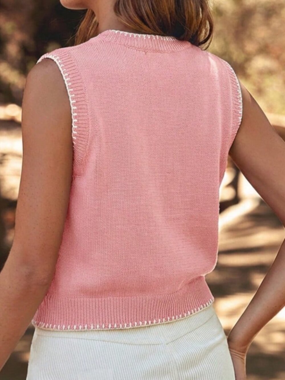 Pink Casual Women's Round Neck Multi Stitch Rodeo Embroidered Sweater Vest - Picture 3 of 5